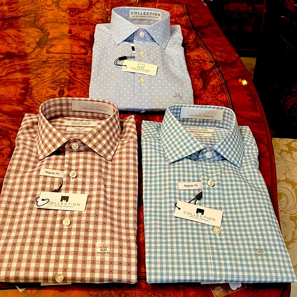 Michael Strahan long sleeve dress shirts. Assorted colors. Neck size 16.5